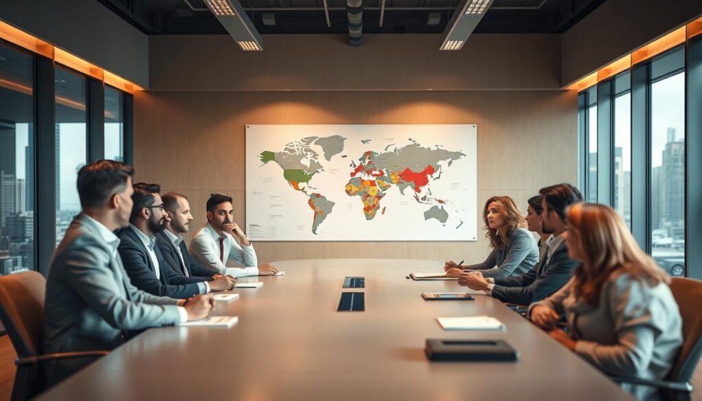 A boardroom scene with executives discussing immigration policies and their impact on talent acquisition. The foreground features a diverse group of professionals - men and women of different ethnicities - sitting around a sleek conference table, engaged in a serious discussion. The middle ground shows a world map on the wall, highlighting key global migration trends. The background features floor-to-ceiling windows overlooking a bustling cityscape, conveying a sense of an international business hub. The lighting is warm and professional, with a slight depth-of-field blur to draw the viewer's attention to the focal point. The overall mood is one of thoughtful deliberation, as the executives grapple with the challenges and opportunities presented by immigration policies.