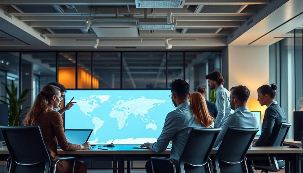 A bustling global office with a diverse team of professionals collaborating on a digital world map projected onto a large screen. Muted lighting casts a warm glow, highlighting the focus and determination on their faces. Sleek desks, ergonomic chairs, and minimalist decor create a modern, tech-forward atmosphere. The scene conveys a sense of international connectivity, as team members from different backgrounds work seamlessly together to strategize talent acquisition across borders.