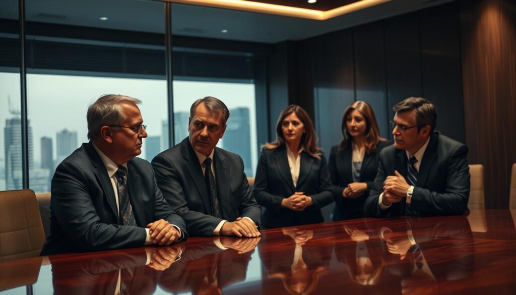 A dimly lit conference room, the offshore industry leaders gathered around a polished mahogany table. In the foreground, three middle-aged men in tailored suits engaged in a tense discussion, their expressions serious and focused. In the middle ground, two women in executive attire listened intently, their hands clasped on the table. The background is hazy, with a large window overlooking a sleek, modern cityscape. The lighting is warm and muted, casting a soft glow on the faces of the participants, emphasizing the weight of their conversation. The overall atmosphere is one of quiet power and strategic deliberation.